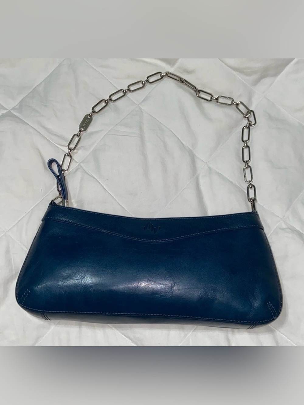 Vintage Monsac teal Leather Chain Strap Baguette Shoulder Bag